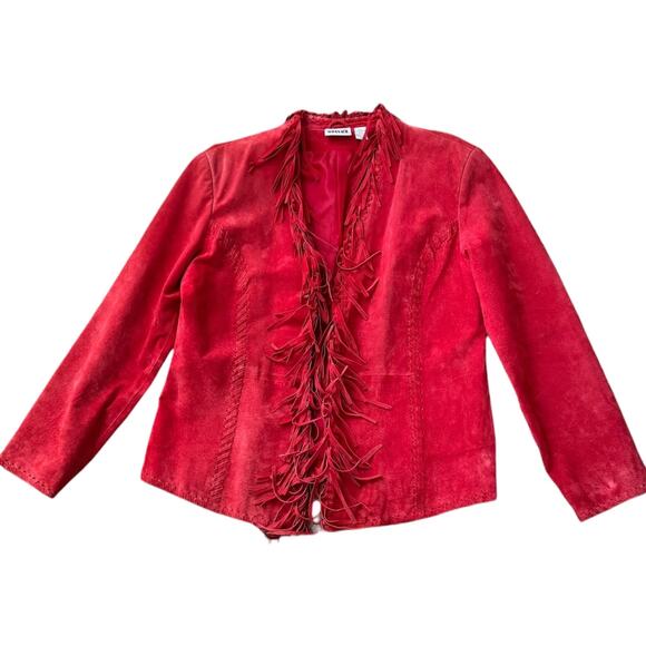 Y2K Western Boho Chico’s Design Red Suede Fringe Leather Jacket Size 2 (M/L) - Picture 4 of 16